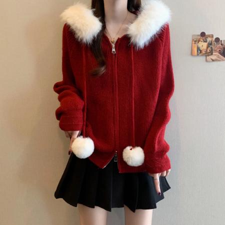 FA50313# 冬季新款大码女装韩系设计拉链连帽毛领宽松慵懒针织上衣 服裝批發女裝批發服飾貨源