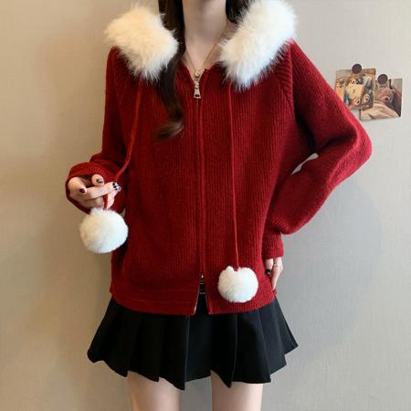 FA50313# 冬季新款大码女装韩系设计拉链连帽毛领宽松慵懒针织上衣 服裝批發女裝批發服飾貨源