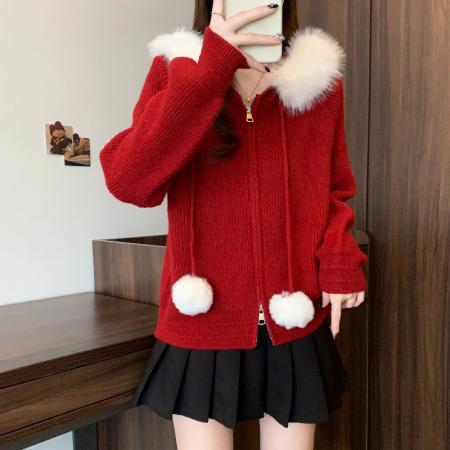 FA50313# 冬季新款大码女装韩系设计拉链连帽毛领宽松慵懒针织上衣 服裝批發女裝批發服飾貨源