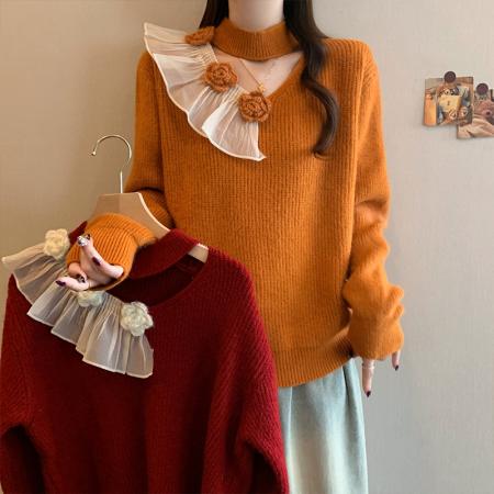 FA50314# 冬季新款大码女装韩系慵懒立体花朵缕空针织钩花百搭上衣 服裝批發女裝批發服飾貨源