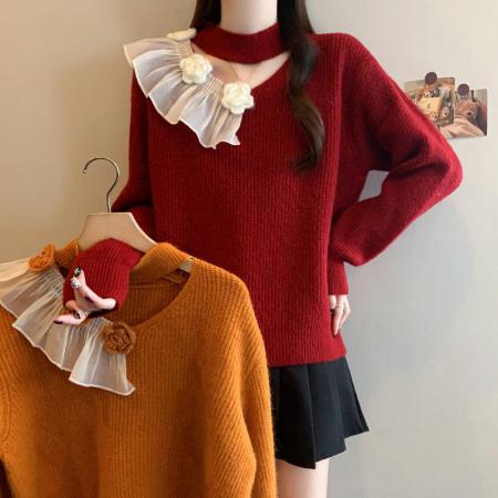 FA50314# 冬季新款大码女装韩系慵懒立体花朵缕空针织钩花百搭上衣 服裝批發女裝批發服飾貨源