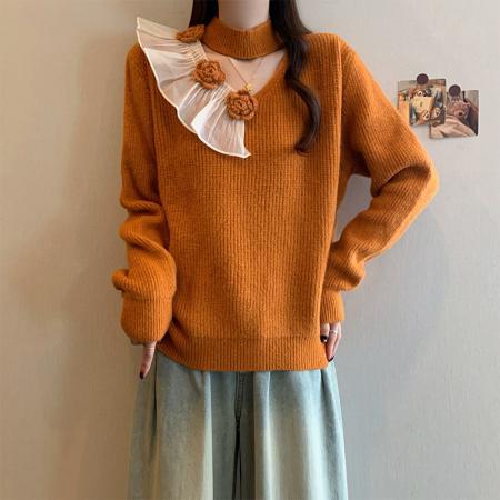 FA50314# 冬季新款大码女装韩系慵懒立体花朵缕空针织钩花百搭上衣 服裝批發女裝批發服飾貨源