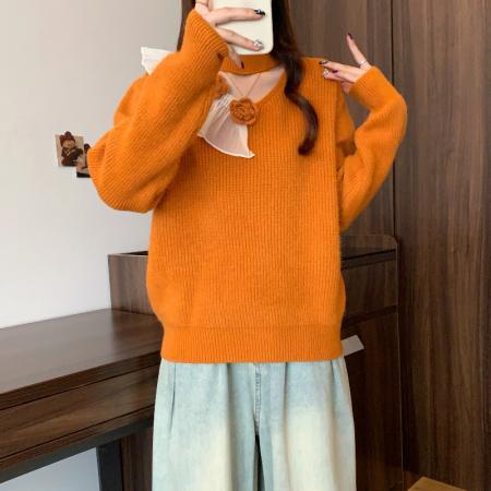 FA50314# 冬季新款大码女装韩系慵懒立体花朵缕空针织钩花百搭上衣 服裝批發女裝批發服飾貨源