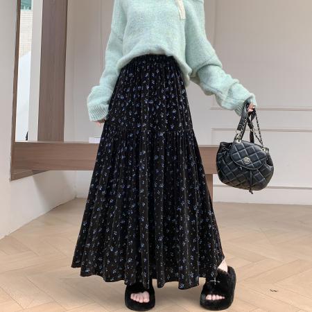 FA50315# 新款复古金丝绒碎花半身裙女秋冬季高腰显瘦a字伞裙休闲长裙 服裝批發女裝批發服飾貨源