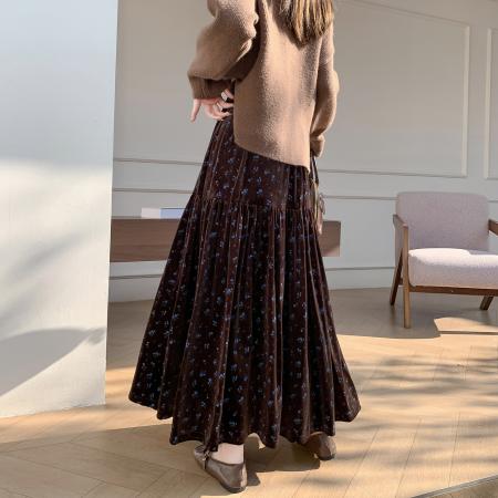 FA50315# 新款复古金丝绒碎花半身裙女秋冬季高腰显瘦a字伞裙休闲长裙 服裝批發女裝批發服飾貨源