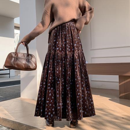FA50315# 新款复古金丝绒碎花半身裙女秋冬季高腰显瘦a字伞裙休闲长裙 服裝批發女裝批發服飾貨源