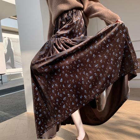 FA50315# 新款复古金丝绒碎花半身裙女秋冬季高腰显瘦a字伞裙休闲长裙 服裝批發女裝批發服飾貨源