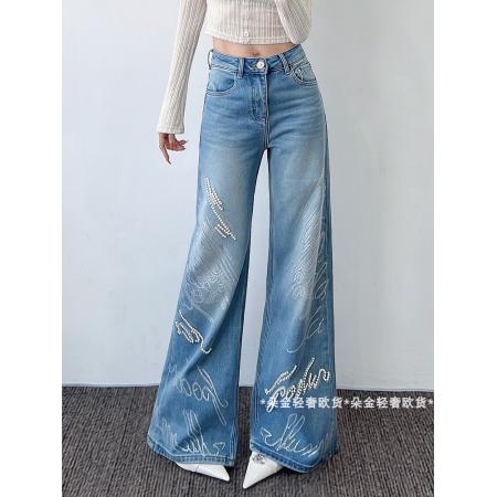 FA50316# 欧货冬季新款轻奢时尚重工钉珠烫钻洋气直筒牛仔裤长裤 服裝批發女裝批發服飾貨源