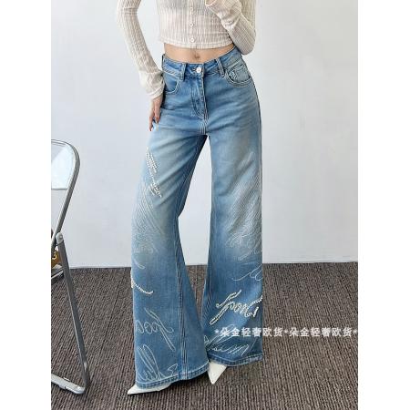 FA50316# 欧货冬季新款轻奢时尚重工钉珠烫钻洋气直筒牛仔裤长裤 服裝批發女裝批發服飾貨源