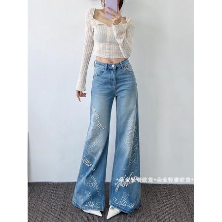 FA50316# 欧货冬季新款轻奢时尚重工钉珠烫钻洋气直筒牛仔裤长裤 服裝批發女裝批發服飾貨源