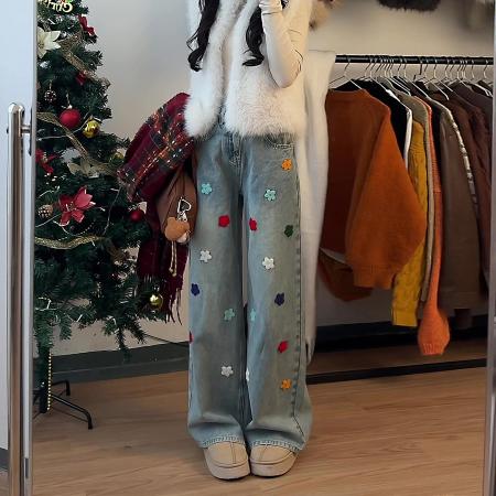 FA50317# 刺绣立体小花阔腿牛仔裤女春新款圣诞款小个子浅蓝直筒裤 服裝批發女裝批發服飾貨源