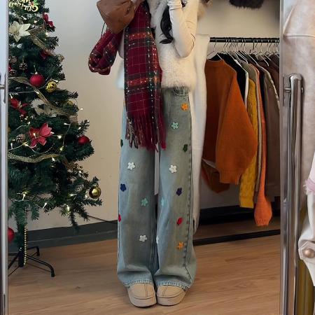 FA50317# 刺绣立体小花阔腿牛仔裤女春新款圣诞款小个子浅蓝直筒裤 服裝批發女裝批發服飾貨源