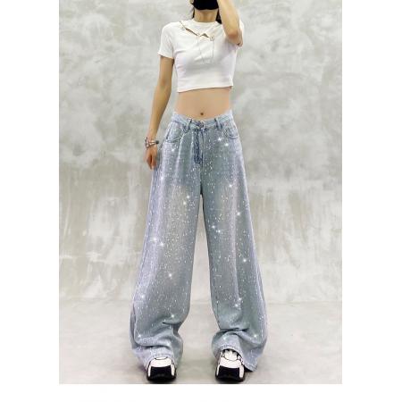 FA50318# 炫酷闪亮烫钻垂感休闲牛仔裤女秋新款高腰宽松显瘦百搭直筒阔腿裤 服裝批發女裝批發服飾貨源