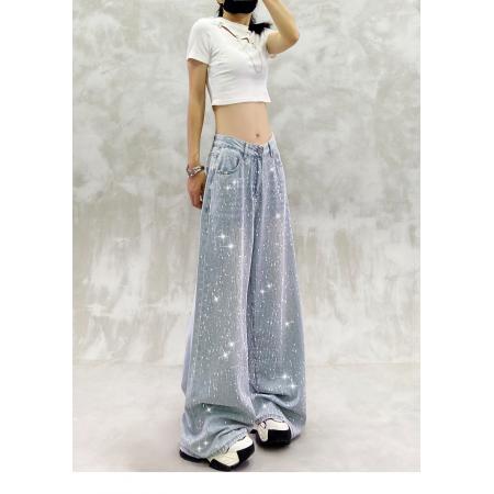 FA50318# 炫酷闪亮烫钻垂感休闲牛仔裤女秋新款高腰宽松显瘦百搭直筒阔腿裤 服裝批發女裝批發服飾貨源