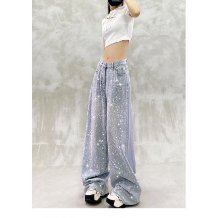 FA50318# 炫酷闪亮烫钻垂感休闲牛仔裤女秋新款高腰宽松显瘦百搭直筒阔腿裤 服裝批發女裝批發服飾貨源