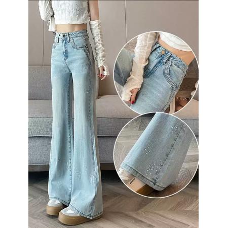 FA50319# 烫钻微喇裤女满天星重工设计感秋季高腰遮腿型窄版牛仔阔腿裤 服裝批發女裝批發服飾貨源