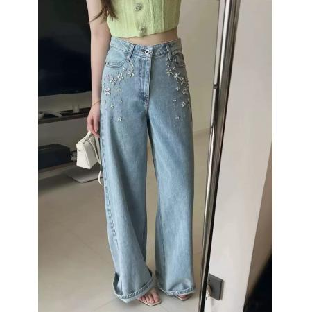 FA50321# 春秋时尚设计感水钻浅蓝色牛仔阔腿裤复古高腰直筒长裤女 服裝批發女裝批發服飾貨源