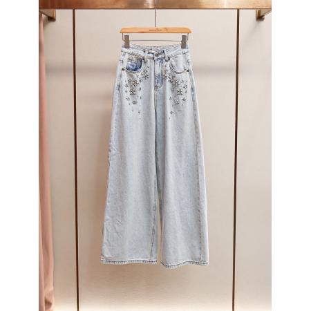 FA50321# 春秋时尚设计感水钻浅蓝色牛仔阔腿裤复古高腰直筒长裤女 服裝批發女裝批發服飾貨源