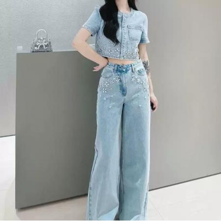 FA50321# 春秋时尚设计感水钻浅蓝色牛仔阔腿裤复古高腰直筒长裤女 服裝批發女裝批發服飾貨源