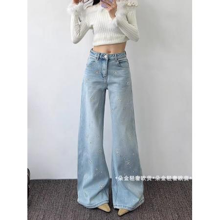 FA50322# 欧货冬季新款轻奢时尚洋气花朵钉珠烫钻显瘦阔腿牛仔裤 服裝批發女裝批發服飾貨源