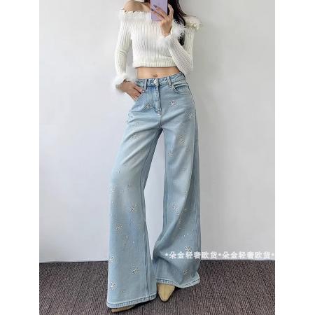 FA50322# 欧货冬季新款轻奢时尚洋气花朵钉珠烫钻显瘦阔腿牛仔裤 服裝批發女裝批發服飾貨源