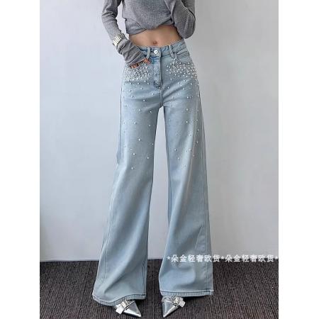 FA50323# 欧货新款轻奢时尚重工烫钻钉珠浅蓝气质直筒牛仔裤 服裝批發女裝批發服飾貨源
