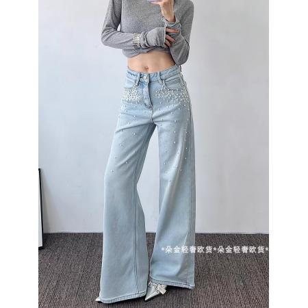 FA50323# 欧货新款轻奢时尚重工烫钻钉珠浅蓝气质直筒牛仔裤 服裝批發女裝批發服飾貨源