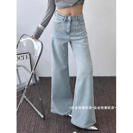 FA50323# 欧货新款轻奢时尚重工烫钻钉珠浅蓝气质直筒牛仔裤 服裝批發女裝批發服飾貨源