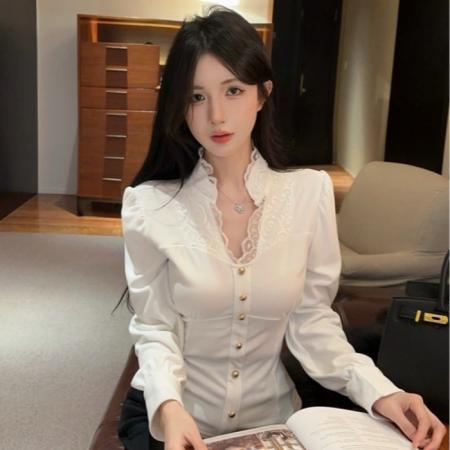 FA50324# 蕾丝拼接长袖衬衫女设计感小众修身长袖上衣 服裝批發女裝批發服飾貨源