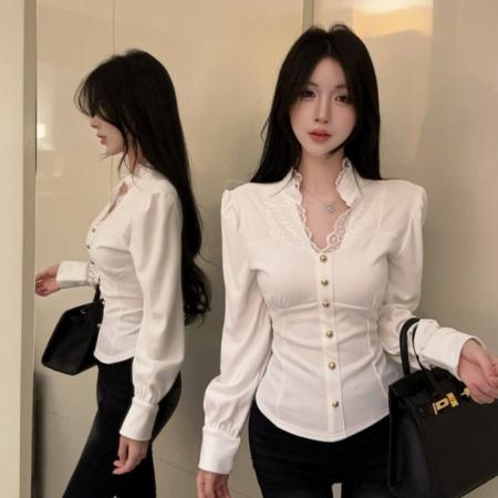 FA50324# 蕾丝拼接长袖衬衫女设计感小众修身长袖上衣 服裝批發女裝批發服飾貨源