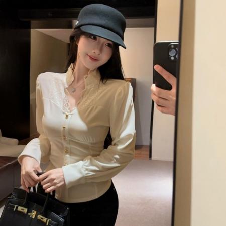 FA50324# 蕾丝拼接长袖衬衫女设计感小众修身长袖上衣 服裝批發女裝批發服飾貨源