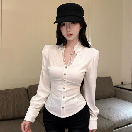 FA50324# 蕾丝拼接长袖衬衫女设计感小众修身长袖上衣 服裝批發女裝批發服飾貨源