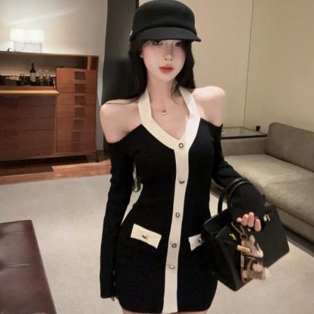 FA50325# 韩系千金小香风挂脖露肩撞色针织连衣裙内搭显瘦包臀裙 服裝批發女裝批發服飾貨源