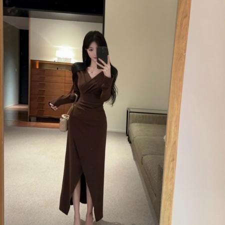 FA50326# 韩系复古性感气质V领长袖修身显瘦包臀连衣裙长裙女 服裝批發女裝批發服飾貨源
