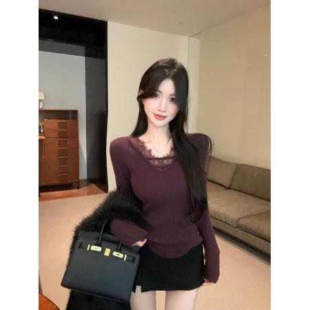 FA50327# 纯欲风设计感蕾丝V领针织衫高级感内搭外穿修身上衣 服裝批發女裝批發服飾貨源