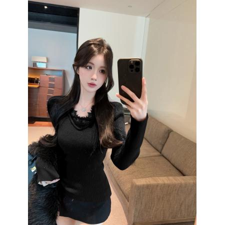 FA50327# 纯欲风设计感蕾丝V领针织衫高级感内搭外穿修身上衣 服裝批發女裝批發服飾貨源