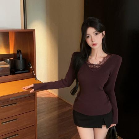 FA50327# 纯欲风设计感蕾丝V领针织衫高级感内搭外穿修身上衣 服裝批發女裝批發服飾貨源