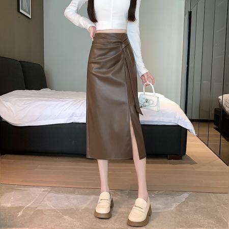 FA50333# 秋冬成熟性感A字褶皱设计通勤上班族PU皮裙中长裙半身裙女 服裝批發女裝批發服飾貨源