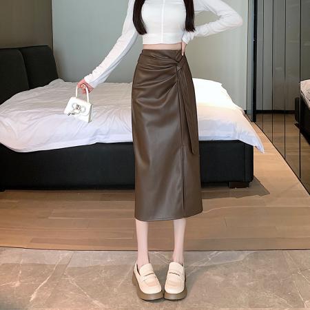 FA50333# 秋冬成熟性感A字褶皱设计通勤上班族PU皮裙中长裙半身裙女 服裝批發女裝批發服飾貨源