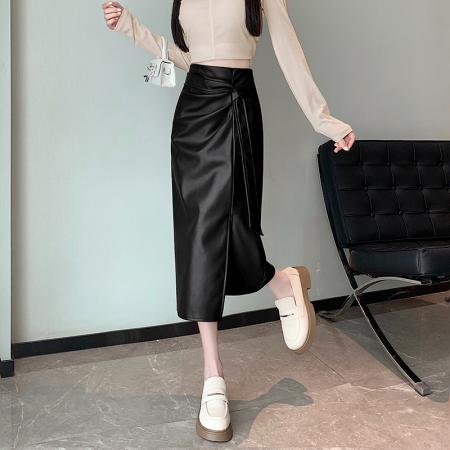 FA50333# 秋冬成熟性感A字褶皱设计通勤上班族PU皮裙中长裙半身裙女 服裝批發女裝批發服飾貨源