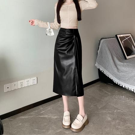 FA50333# 秋冬成熟性感A字褶皱设计通勤上班族PU皮裙中长裙半身裙女 服裝批發女裝批發服飾貨源