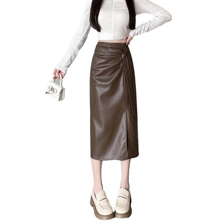 FA50333# 秋冬成熟性感A字褶皱设计通勤上班族PU皮裙中长裙半身裙女 服裝批發女裝批發服飾貨源