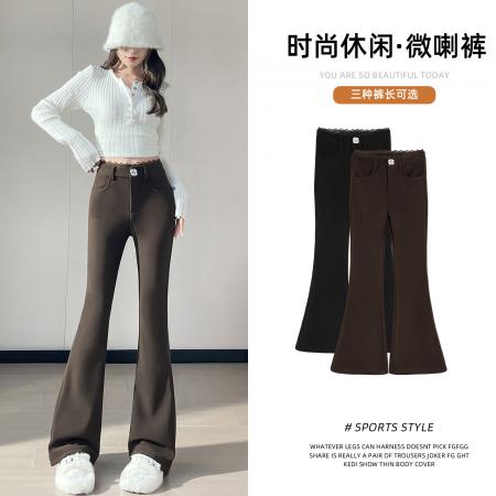 FA50334# 秋冬加绒加厚保暖蕾丝拼接微喇叭显瘦显腿长修身弹力马蹄裤 服裝批發女裝批發服飾貨源