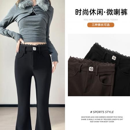 FA50334# 秋冬加绒加厚保暖蕾丝拼接微喇叭显瘦显腿长修身弹力马蹄裤 服裝批發女裝批發服飾貨源