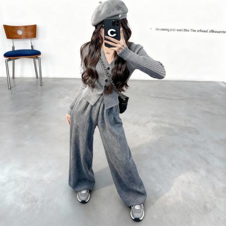 FA50335# 高品质150小矮个子搭配一整套女秋短长袖针织衫阔腿直筒裤 服裝批發女裝批發服飾貨源