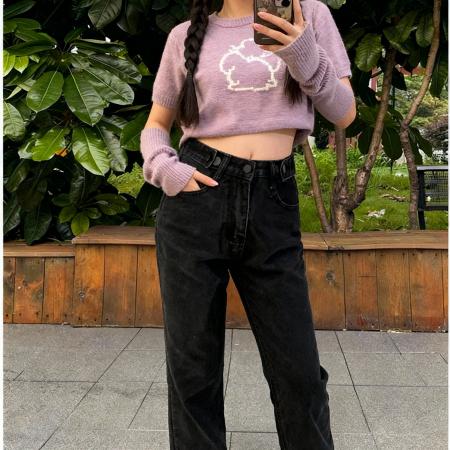 FA50337# 小个子高腰阔腿牛仔裤拖地直筒可调节宽松裤子九分小码 服裝批發女裝批發服飾貨源