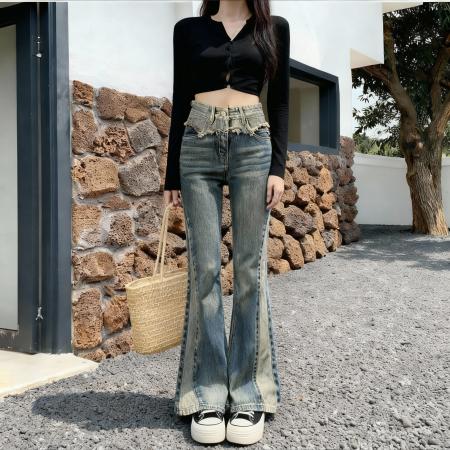 FA50340# 小个子撞色拼接做旧微喇高腰牛仔裤女阔腿喇叭裤xs九分 服裝批發女裝批發服飾貨源