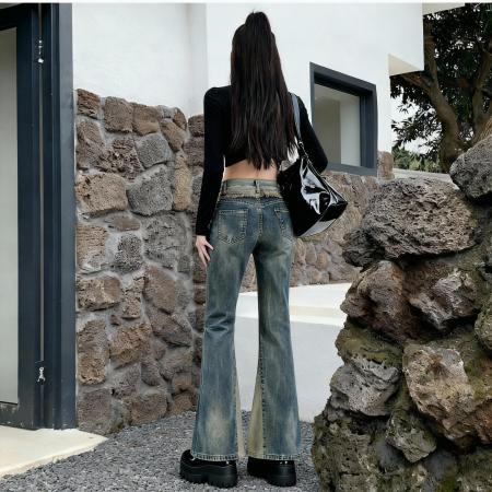 FA50340# 小个子撞色拼接做旧微喇高腰牛仔裤女阔腿喇叭裤xs九分 服裝批發女裝批發服飾貨源
