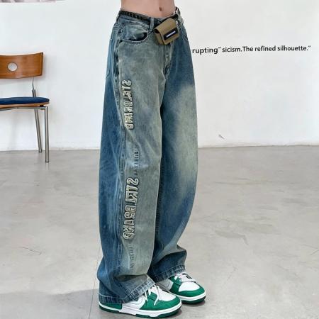 FA50343# 高品质小矮个子高街复古撞色牛仔裤秋高腰直筒阔腿拖地xs 服裝批發女裝批發服飾貨源