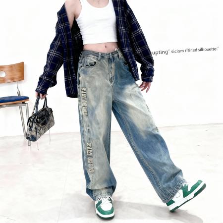 FA50343# 高品质小矮个子高街复古撞色牛仔裤秋高腰直筒阔腿拖地xs 服裝批發女裝批發服飾貨源